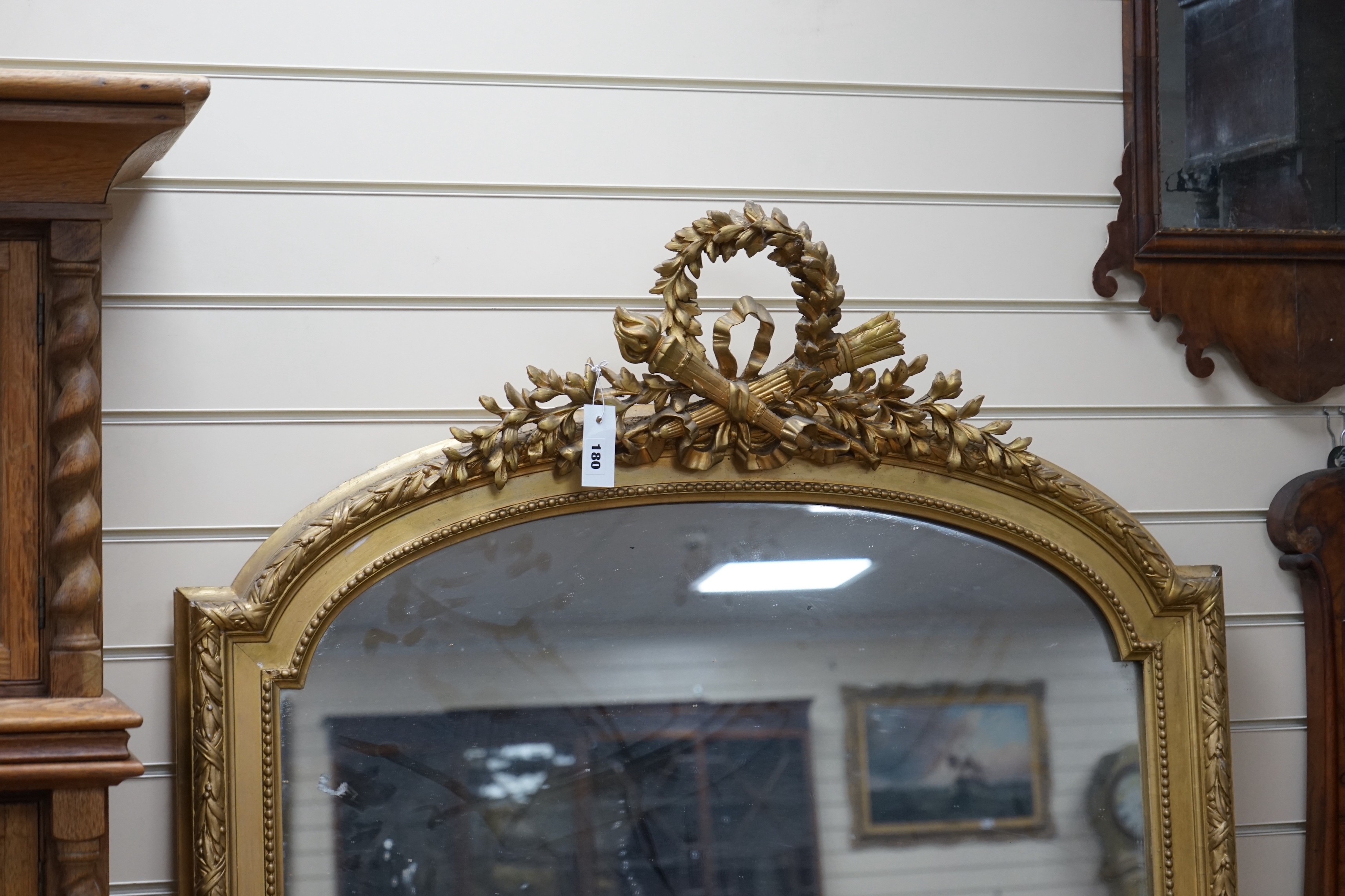 A 19th century French giltwood and gesso overmantel mirror, width 98cm, height 183cm